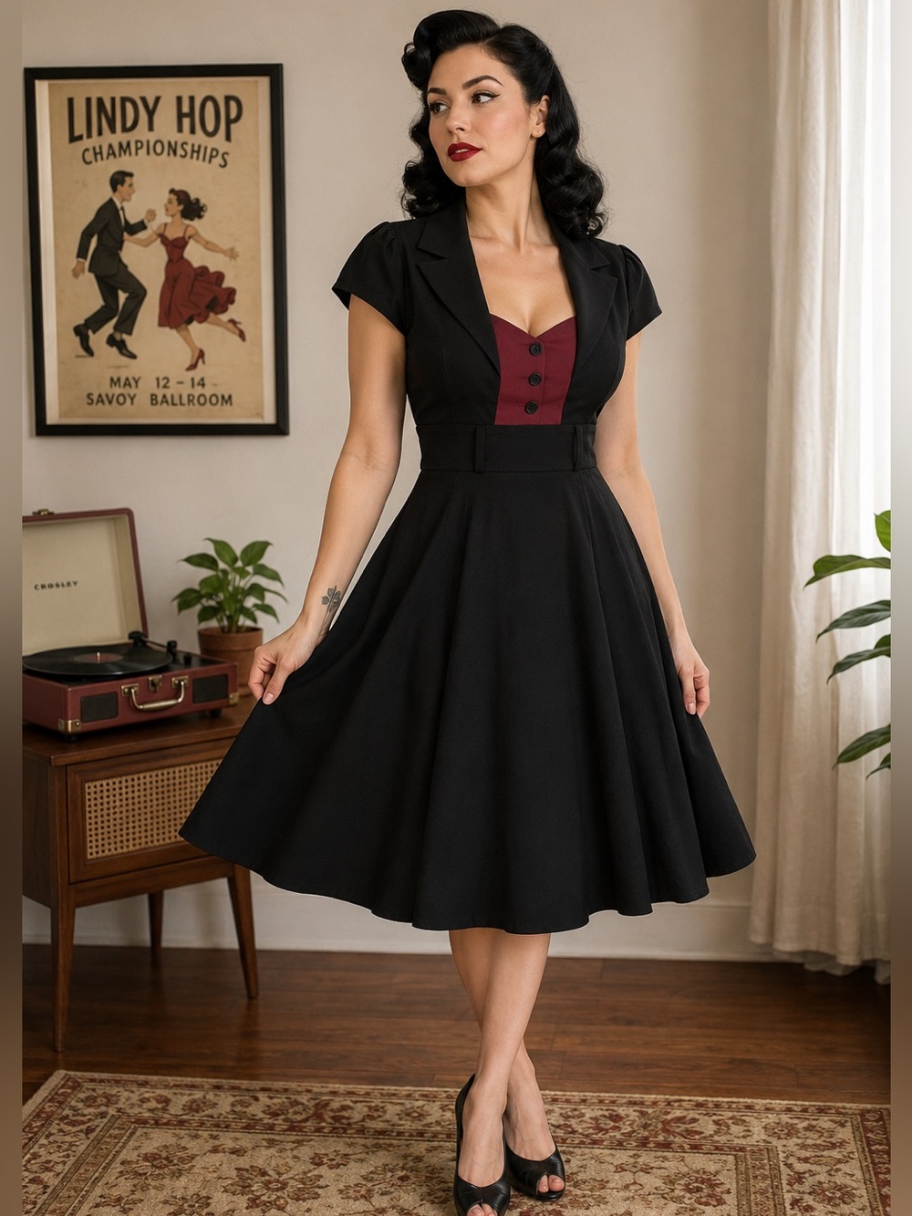 Lindy Bop “Geneva” Rockabilly Swing Dress Black & Maroon Red Pinup Retro NWT L